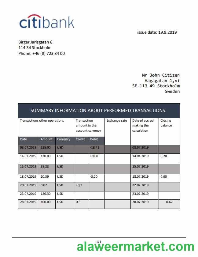 Sweden Citibank statement easy to fill template in .doc and .pdf format, fully editable